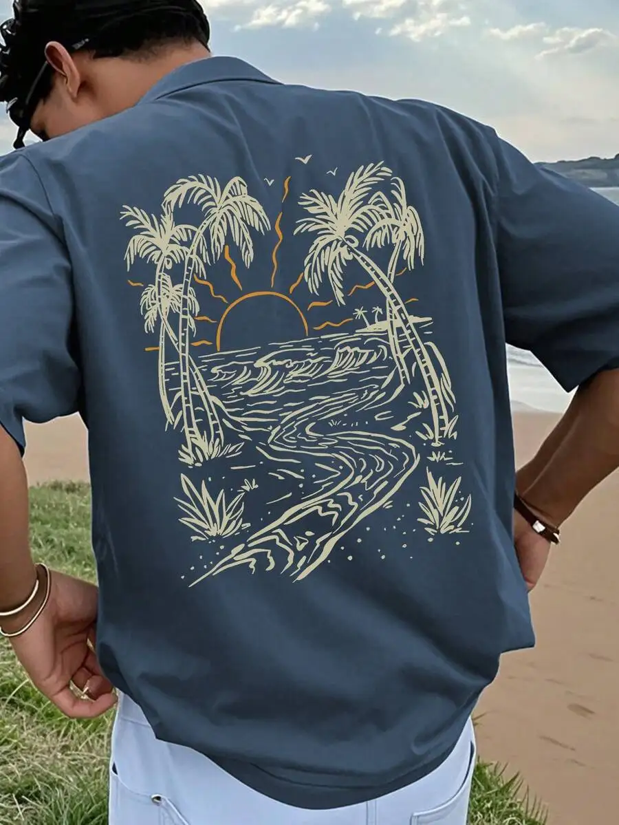 

Men's Vacation Style Island Element Printed Short Sleeve T-Shirt, Suitable For Summer Wear