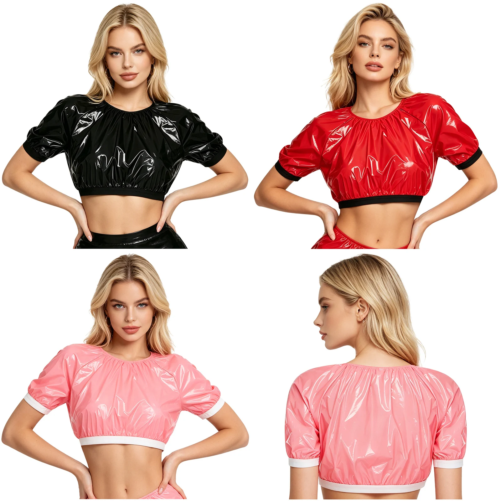 Womens Shiny Waterproof Crop Top Elastic Trims Short Sleeve Pullover Vinyl T-shirt Swim Top Rave Clubwear Special Needs Clothing
