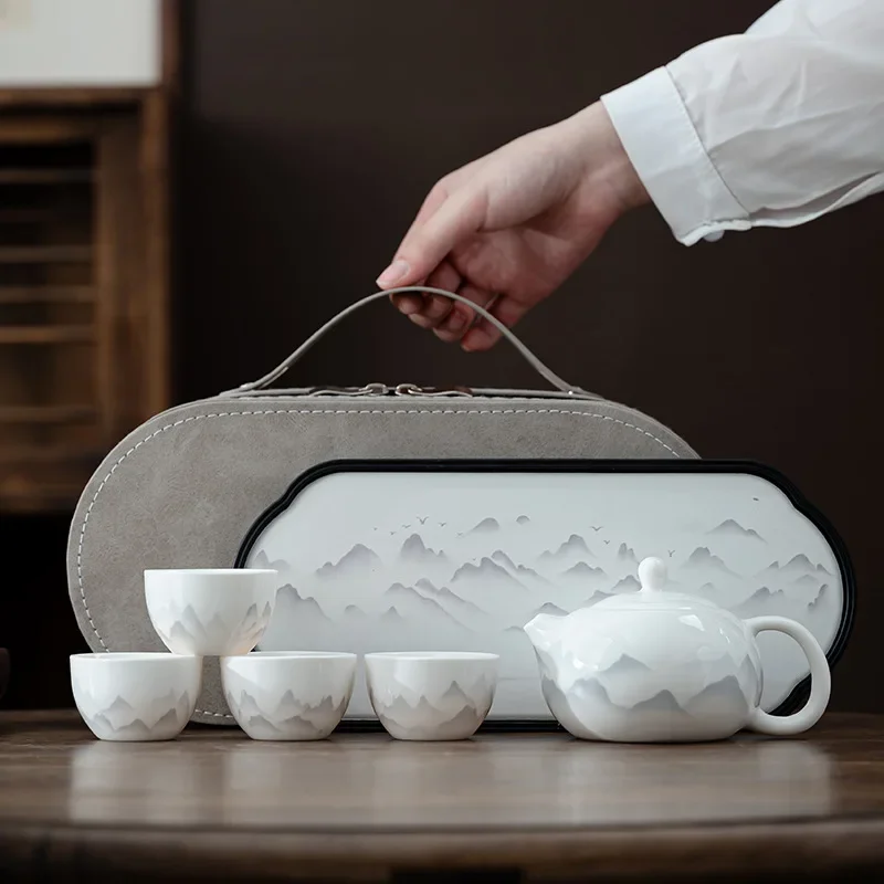 Chinese Ink Dehua White Porcelain Kung Fu Tea Set Business Office Gift Box Mutton Fat Jade Business Gift Portable Ceramics