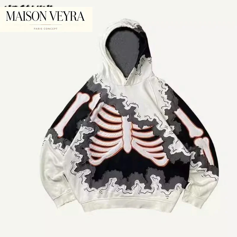 Y2k Aesthetic Skull Print Hoodies Tops Women Men Autumn Streetwear Harajuku Hoody Punk Casual Loose Vintage Grunge Sweatshirts