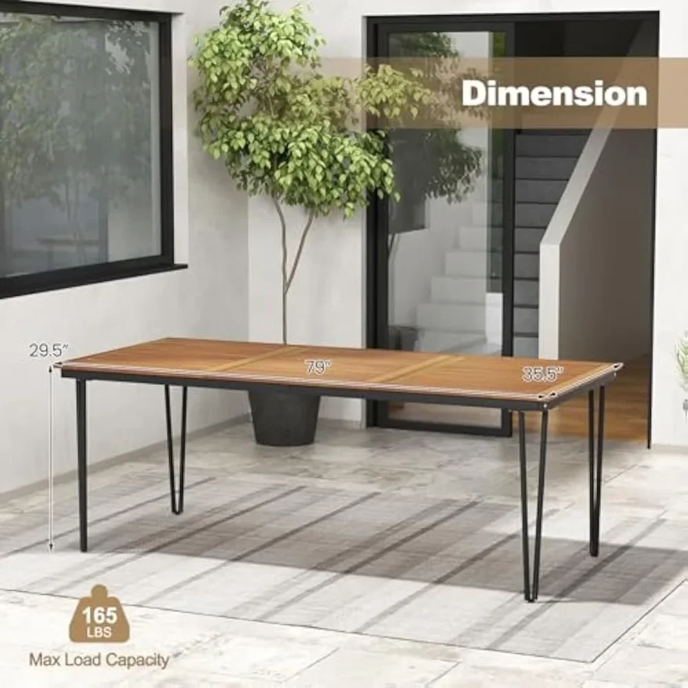 Modern 79 Inch Outdoor Table With 1.9 Inch Umbrella Hole, Metal Legs & Adjustable Foot Pads, 8-Person, Rectangular Patio Table