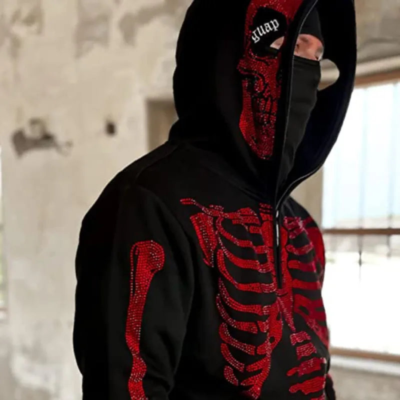 Goth Skeleton Rhinestones Zip Up Hoodie Y2K Hip Hop Punk Sweatshirt Oversized Harajuku Streetwear Pullover Outerwear Men Women