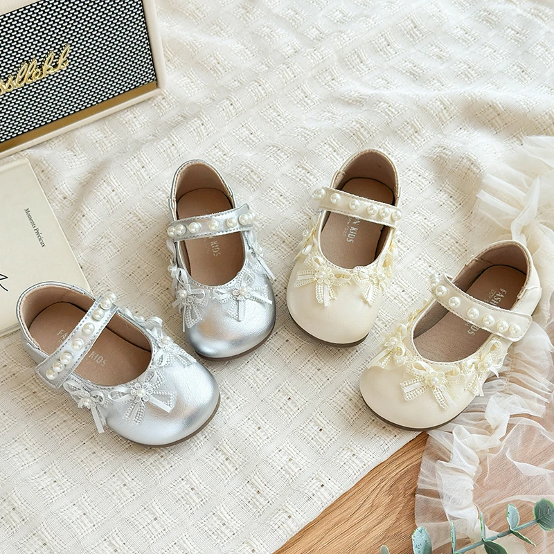Children's Shoes Girls' Fashionable Leather Shoes with Pearl Decoration Lace Bowknot Children's Mary Jane Shoes New Size 21-30
