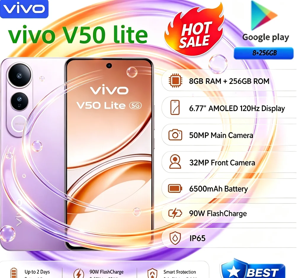 Hot Sale 2026 Global Version VIVO V50 Lite Unlocked Smartphone 8GB RAM 256GB ROM 6.58‑Inch Full‑View Display Dual 64MP