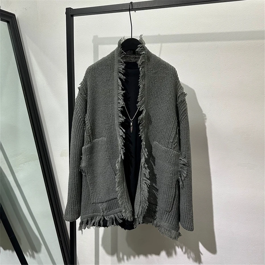 Vintage Raw Edge Knitted Sweater Kimono Cardigans Men Japan Style Streetwear Loose Casual Sweaters Coat Knitwear Jacket