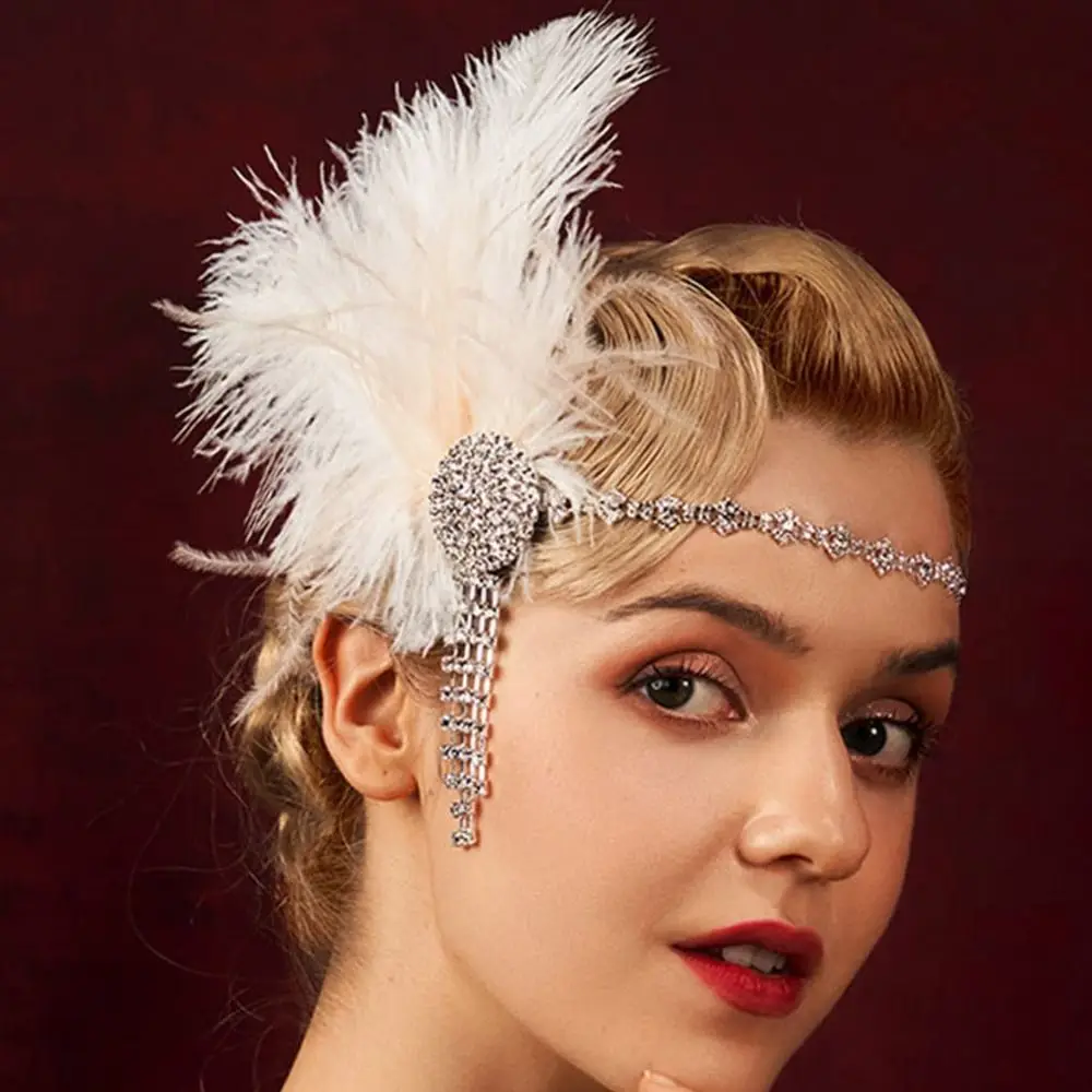 

Trendy Vintage Feather Headband Sequin Zircon Cosplay Dress Headwear Tassel Makeup Party Masquerade Hair Band Women