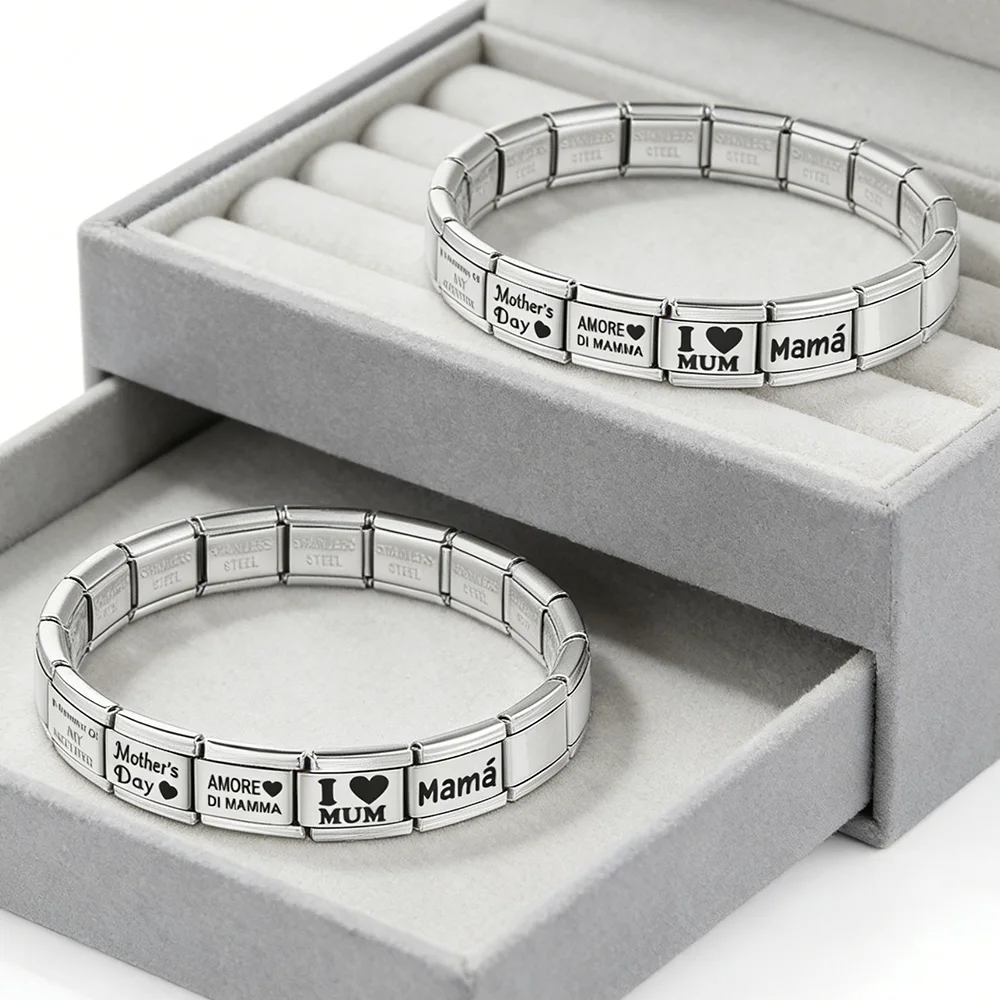 Trendige silberfarbene Laser-Gravur Muttertags-Anhänger Schmuckstücke passend für 9mm Edelstahl-Armbänder DIY-Geschenke – Detail 2