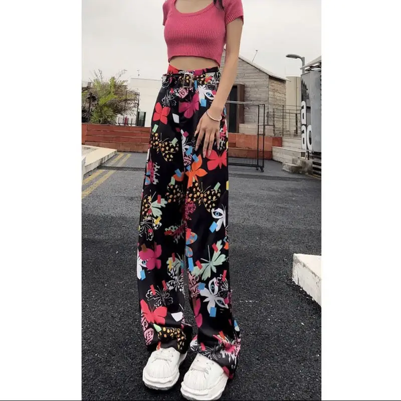 

2024 New Summer Port Flavor Straight Pattern Europe Station Nostalgia High Waist Lace-up Slimming Straight Leg Wide Long Pants