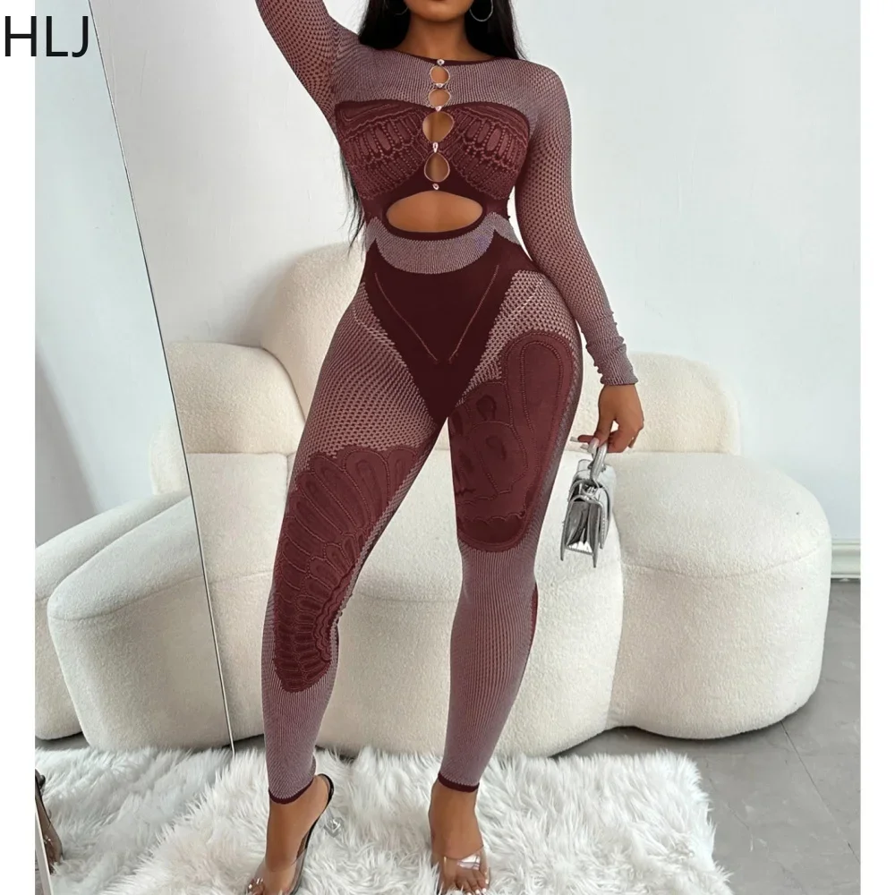 HLJ Thick Knitting Sexy Bodycon One Pieces Jumpsuits Women Hollow Long Sleeve Slim High Stretchy Playsuits Fashion Club Overalls