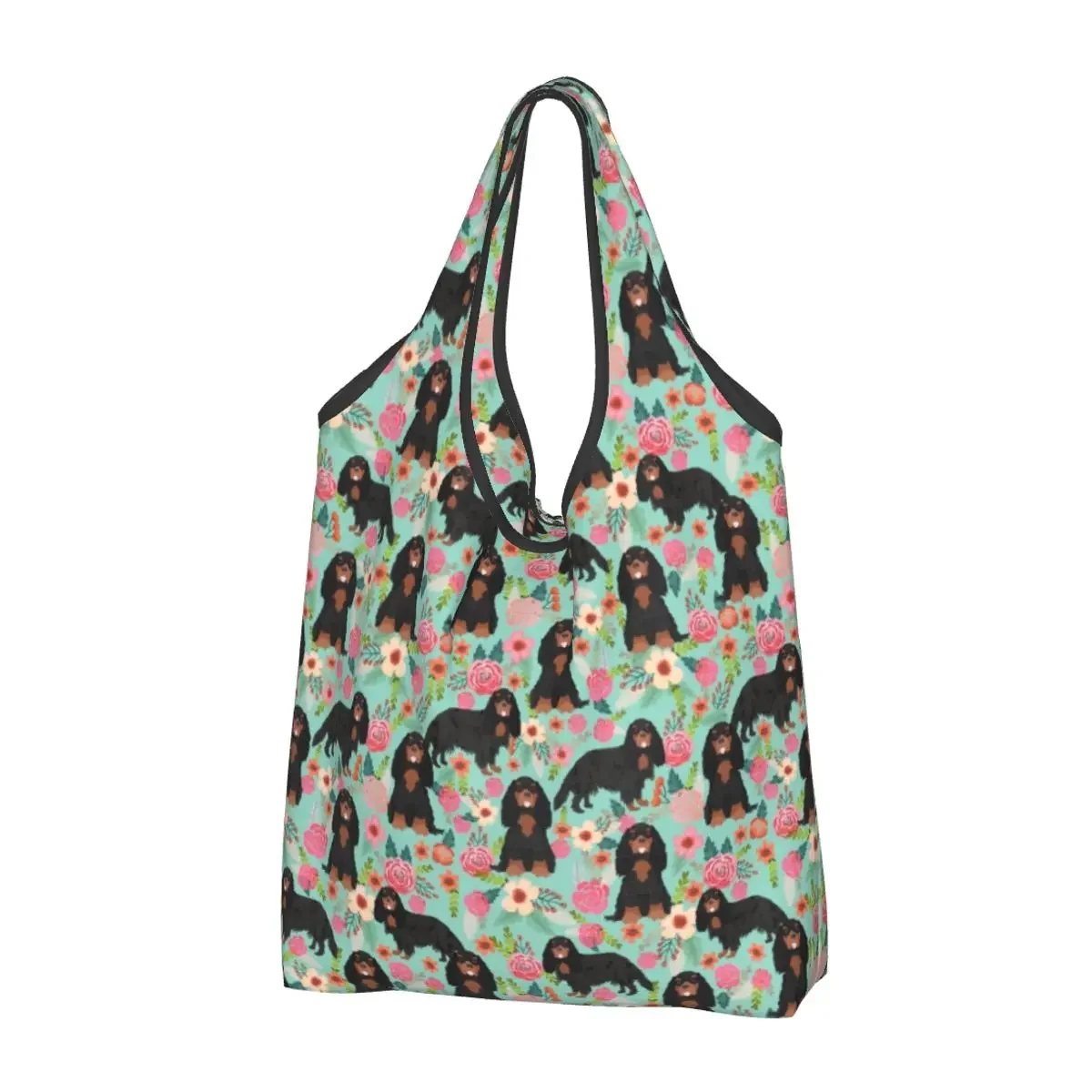 Funny Cavalier King Spaniel Dog Floral Pattern Shopping Tote Bag Portable Groceries Shopper Shoulder Bag