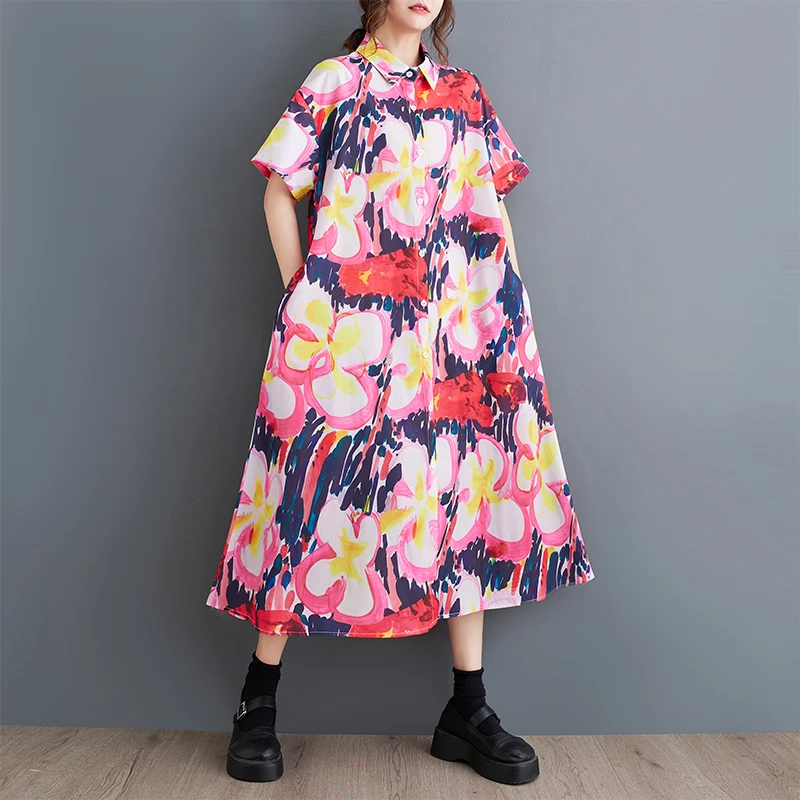 #3902 Summer Vintage Flower Printed A-line Midi Dress Women Turn-down Collar Ladies Dresses Short Sleeve Loose Korean Fashion