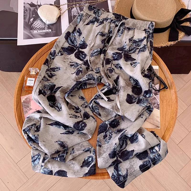 سراويل مريحة مطبوعة للنساء، سراويل صيفية رفيعة عالية الخصر للتنحيف كاجوال بطول الأرض مستقيمة