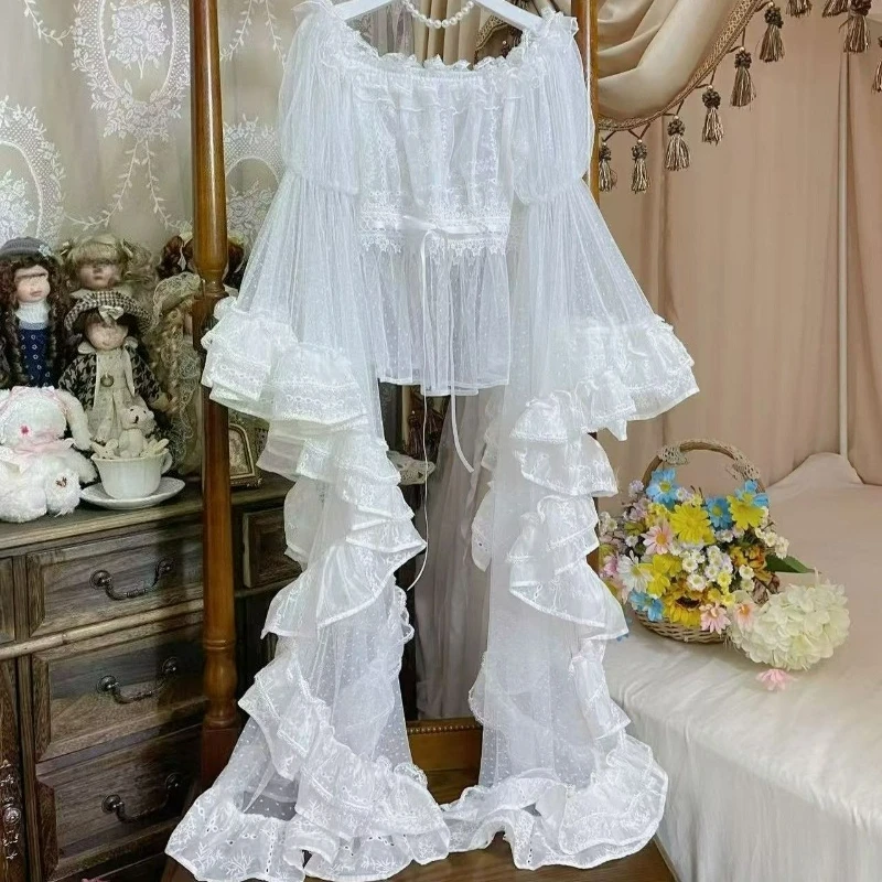 

Japanese Victorian Vintage Lolita Style Shirts Women Sweet Lace Ruffles Slash Neck Long Sleeves Blouses Female Kawaii Inside Top