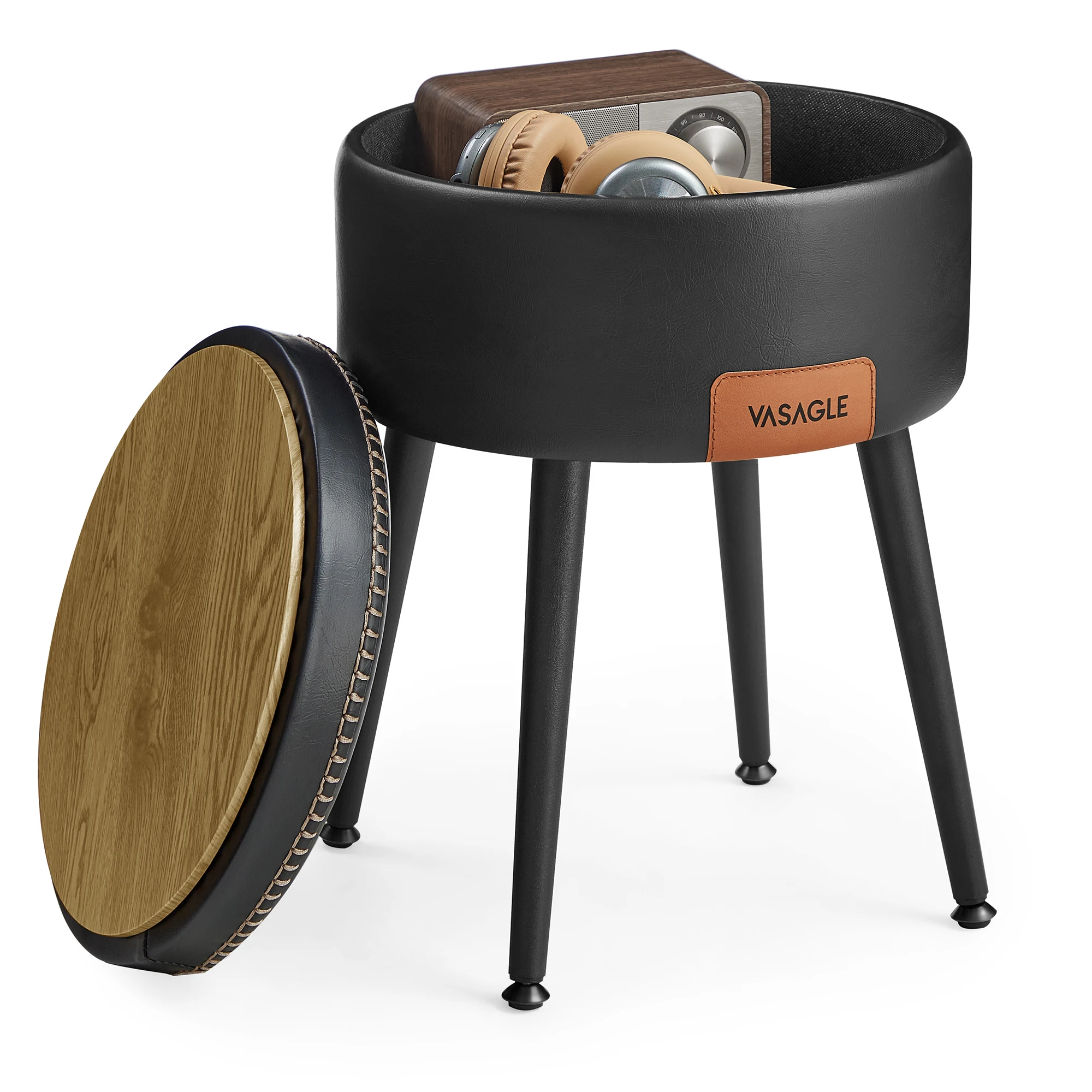 VASAGLE EKHO Collection - Storage Ottoman, Vanity Chair Stool, Synthetic Leather with Stitching, Mid-Century Modern