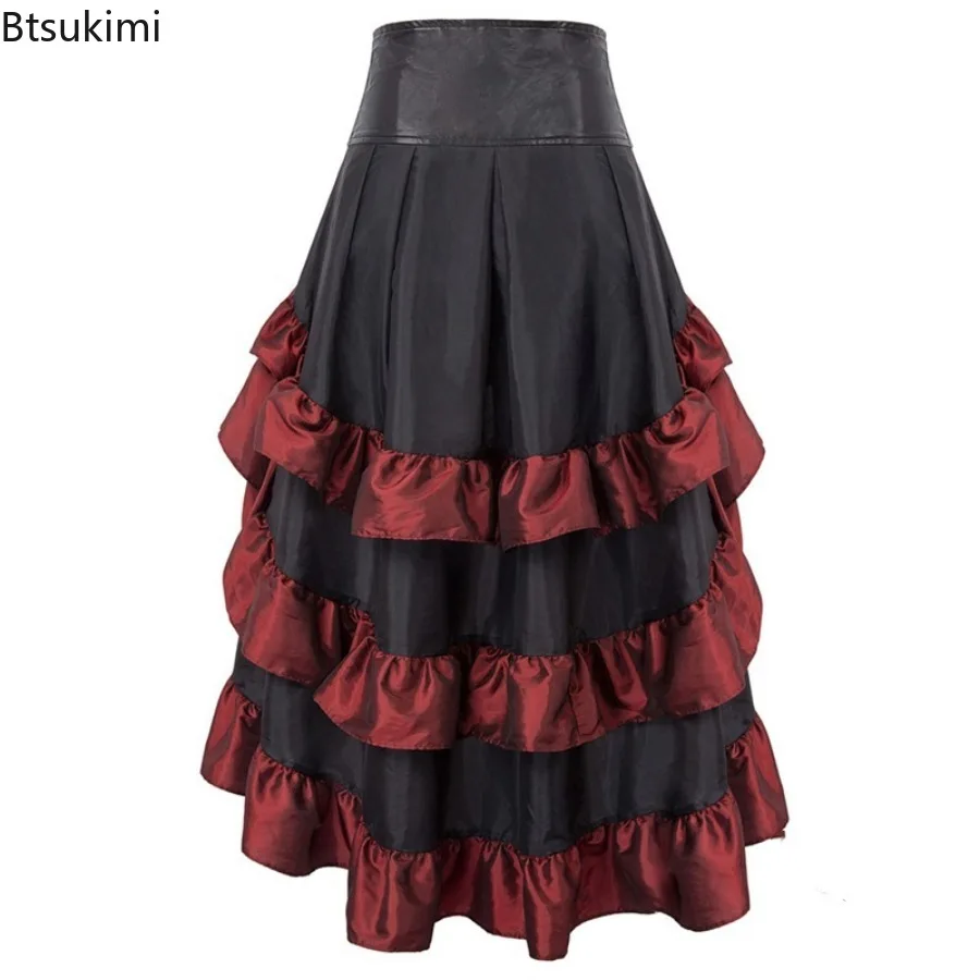 New 2024 Women's Steampunk Dress Victorian Medieval Ruffled Satin & Lace Trim Gothic Skirts Women Corset Skirt Pirate Costumes