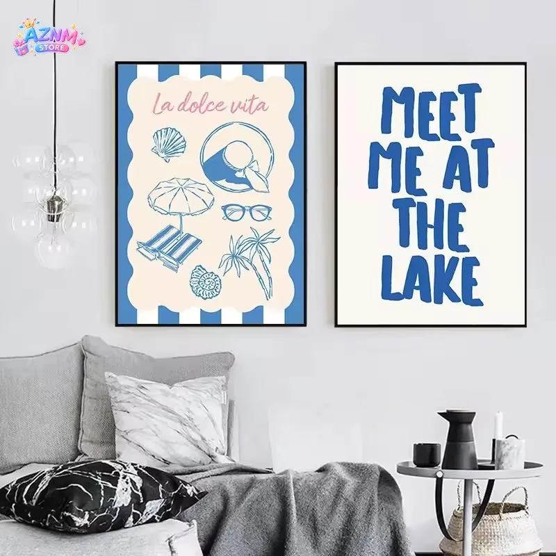 2026 Blue Summer Bikini Coastal La Dolce Vita Canvas Painting Seashells Meet Me At The Beach Poster Trendy Wall Art Room Home