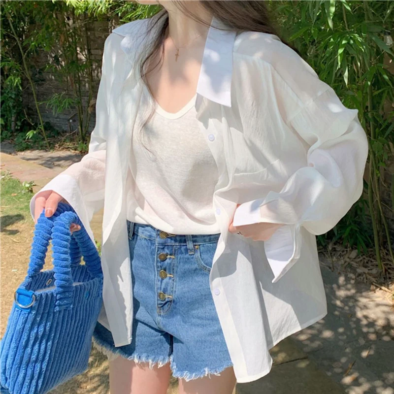 White Thin Shirt Women Summer All Match Sun Protection Simple Loose Long Sleeve Tops Korean Fashion Solid Casual Blouse New