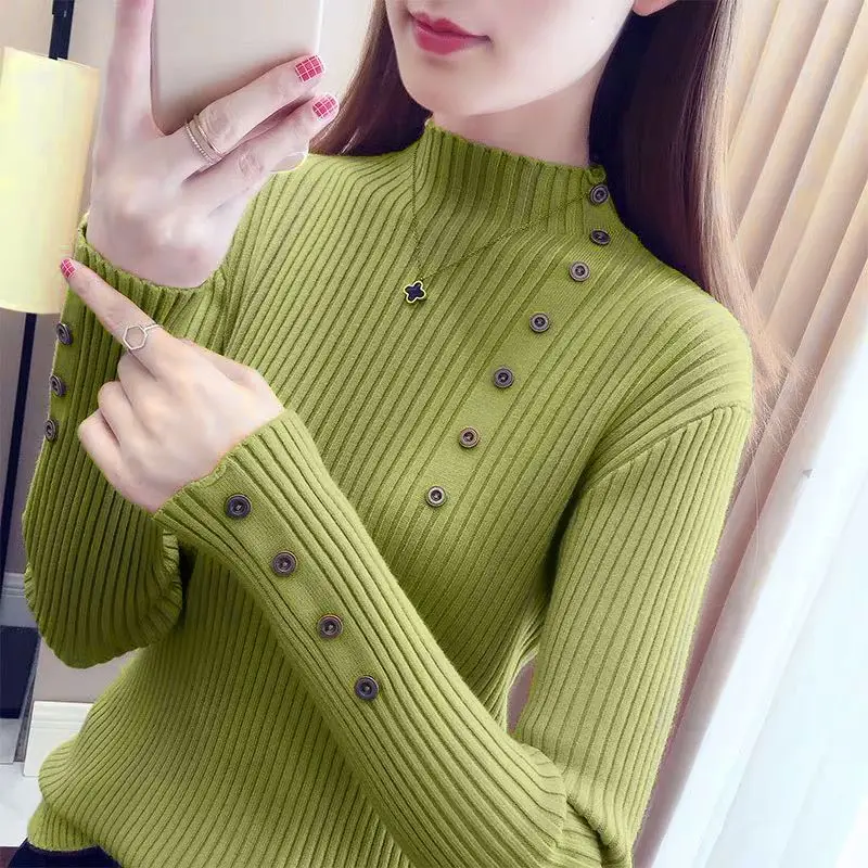 Women Autumn and Winter Korean New Half High Neck Sweater Solid Button Warm Knitted Shirt Slim Fit Versatile Long Sleeved Tops