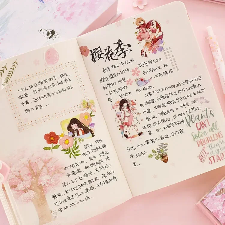 A5 Creative Fashion Color Page Notebook Sketchbook Beautiful Cherry Blossom Sakura Notebook Gift Box New