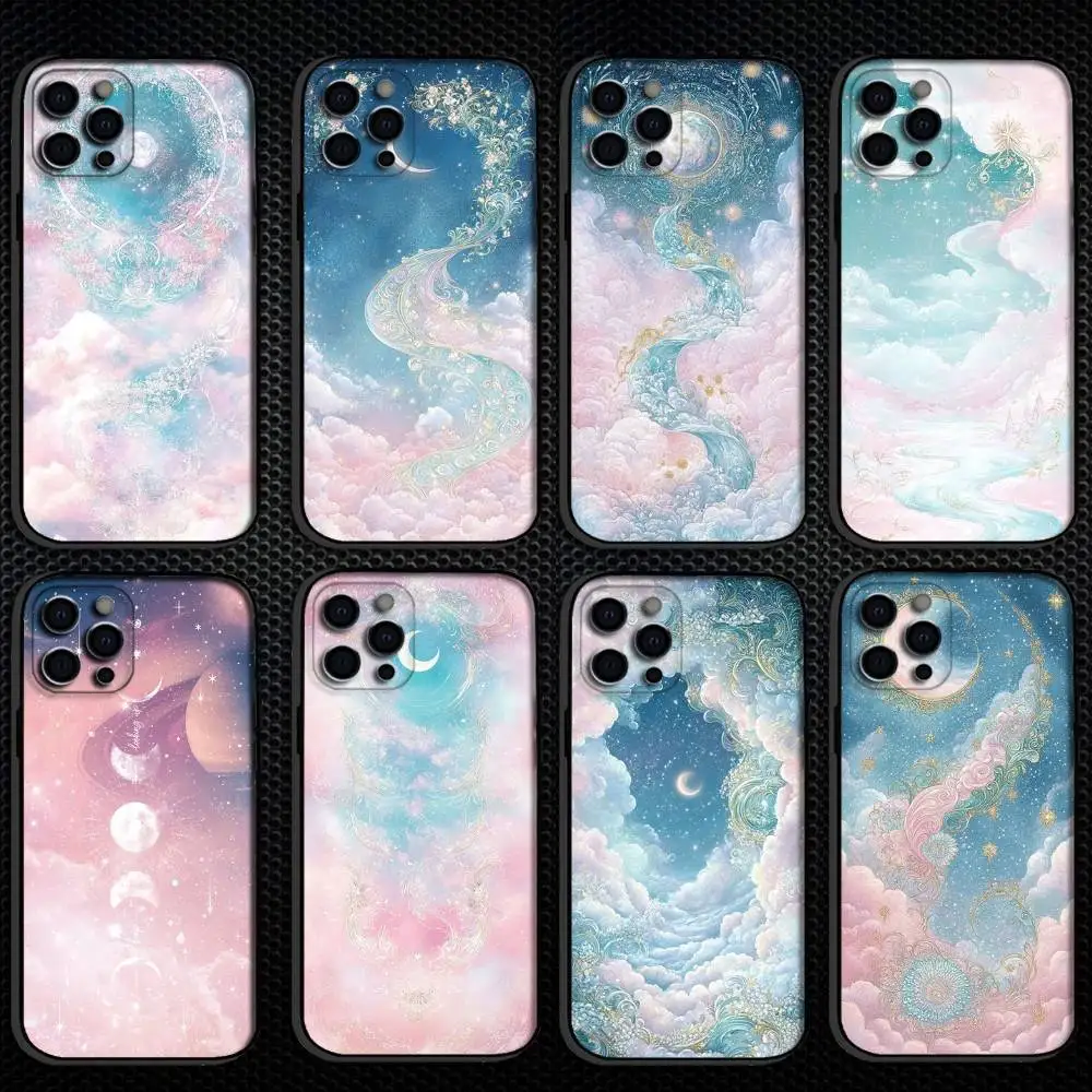 

Golden stars moon Nebula Pink Phone Case For iPhone 16,15,14,13,12,11 Plus,Pro Max, Others Soft Black Cover