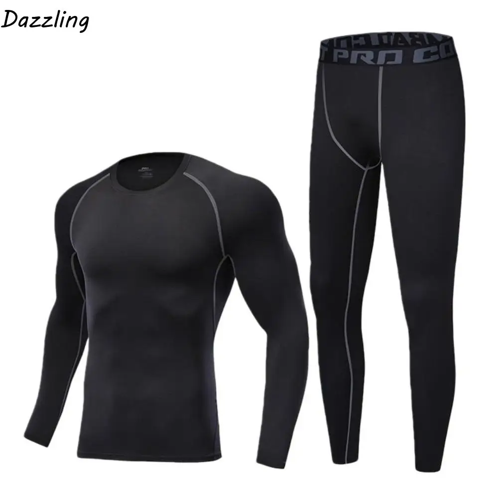 

2PCS Set Quick-drying Men's Ski Thermal Underwear Tight-fitting Elastic Fleece Fitness Suit Comfortable Soft Tops Pants Set Gym