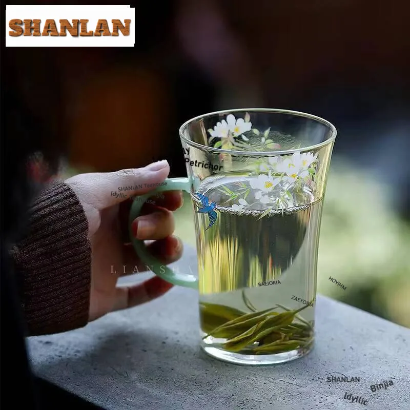 350Ml Chinese Spring Returning Green Tea Cup High Borosilicate Glass Handle Mug Heat Resistant Office Water Coffee Dinkware