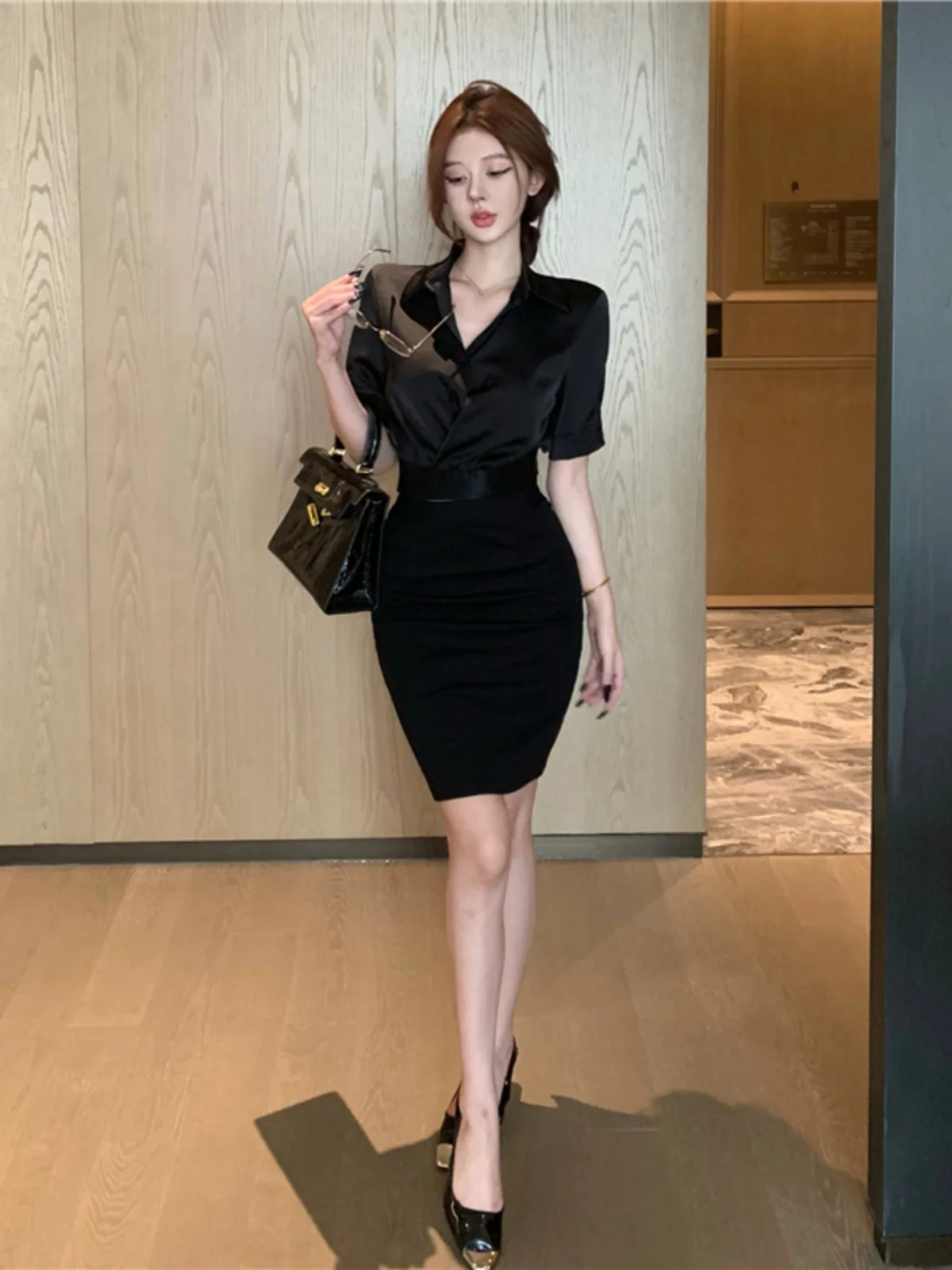 

Elegant Satin Shirt And Skirt Two-Piece Set Fashionable Wrap around Design Summer New Arrival Women's Clothing Set