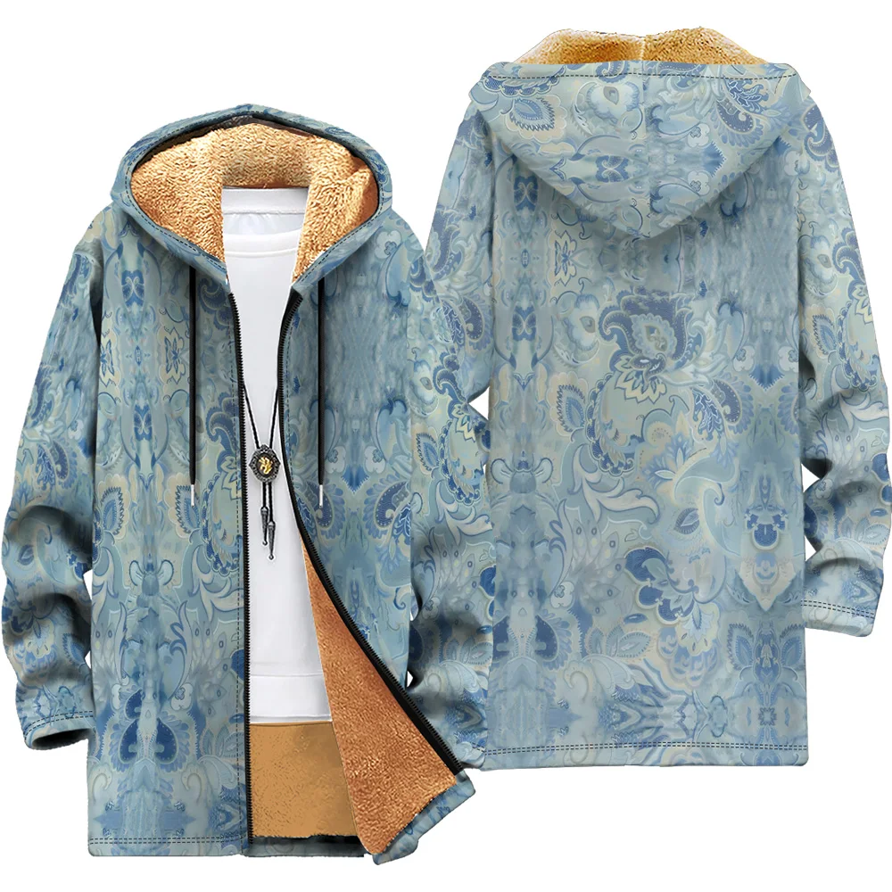 Man winter clothing, New in Down Coats, Blue rendering doodle design cotton-padded jacket clothing, feather print pocket zipper