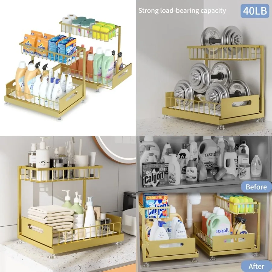 

Under Sink Organizer Storage 2-Tier Premium Metal Pull-Out Kitchen Cabinet Organizer with Sliding Drawer, Height Adjustable, He