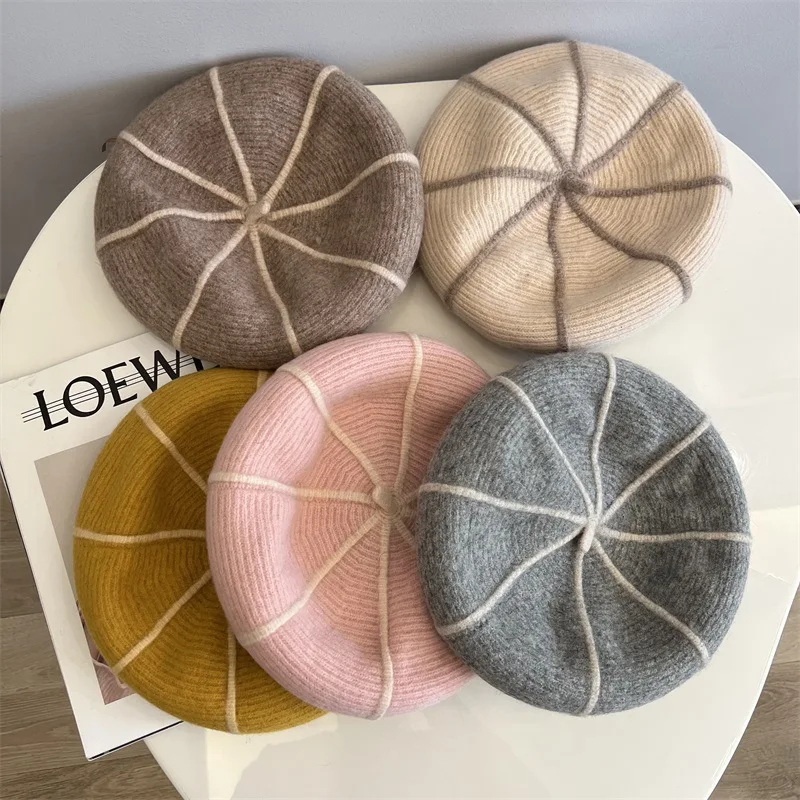 Neue Herbst Winter Baskenmütze Hut Für Frauen Achteckige Kappe Designer Top Qualität Wolle Weiche Warme Gestreiften Beste Abgestimmt Künstler Hut Geschenk – Detail 6