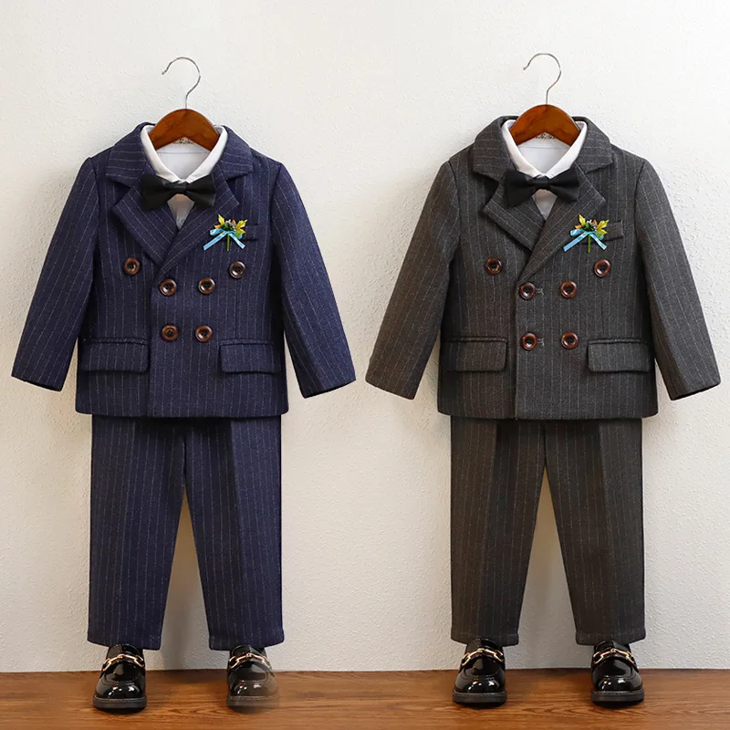 Children Suit Fashion Stripe Blazers Formal Pants Piano Performance Costume 1 To 12 Years Boys Birthday Outfits Set Kids Clothes