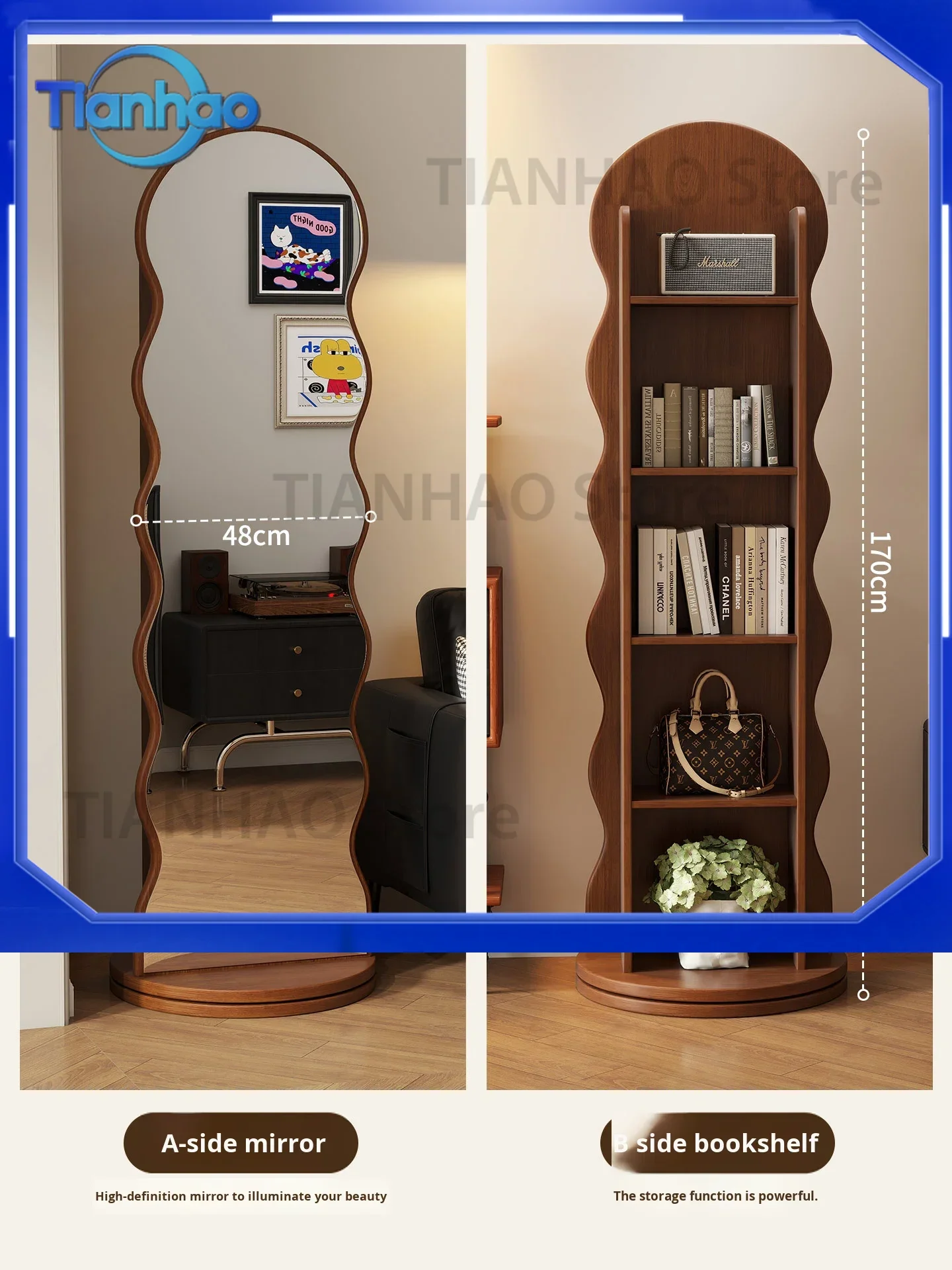 Full-Length Vintage Rotating Dressing Mirror with Wavy Frame Floor Standing Integrated Mirror for Home Decor Boho Style