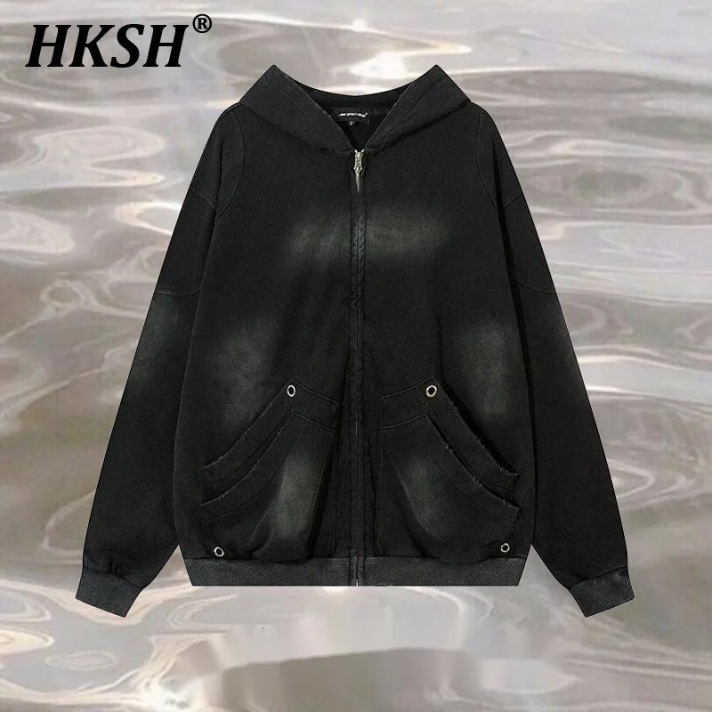 HKSH High Street China-Chic Heavy Washed Vintage Zipper Cardigan Hooded Sweatshirt Men's Tide Punk Women Streetwear Coats HK3778