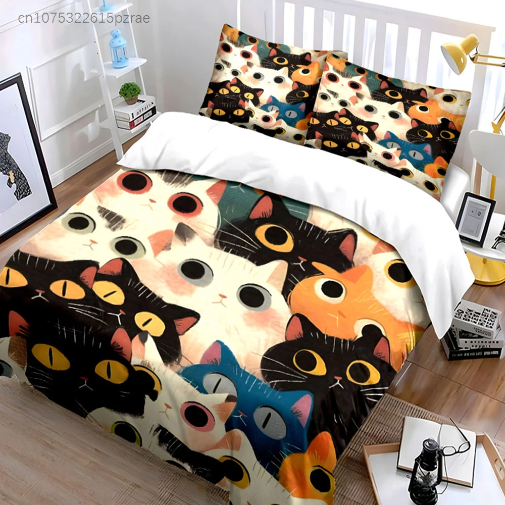 Cute Cat Print Bedding Set - Cozy Bedroom Decor Multiple Sizes kid's And adults' Bedroom Exquisite 3PC Bedding set, Gift