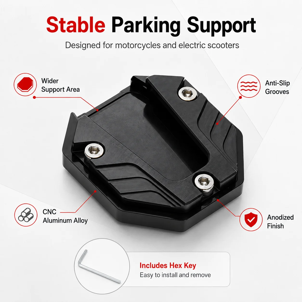 PINMOAP 1PC Heavy Duty Side Stand Foot Pad For Motorcycle E Bike Scooter Kickstand Enlarger Anti Slip Support Plate Parking Base