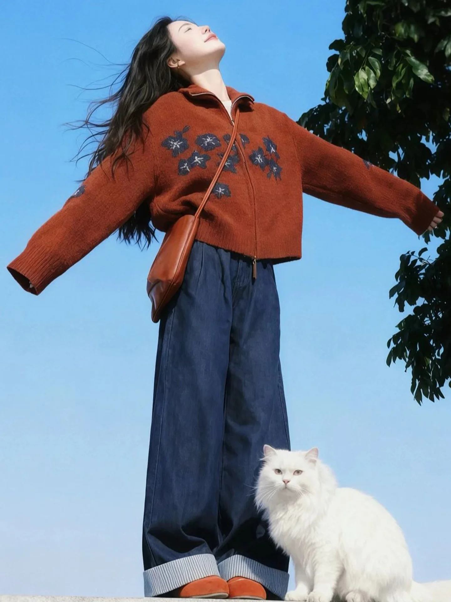 

Красный свитер с вышитым воротником, пальто, женское зимнее винтажное пальто Cisas Sle, облегающий открытый кардиган на молнии, теплый цветочный узор