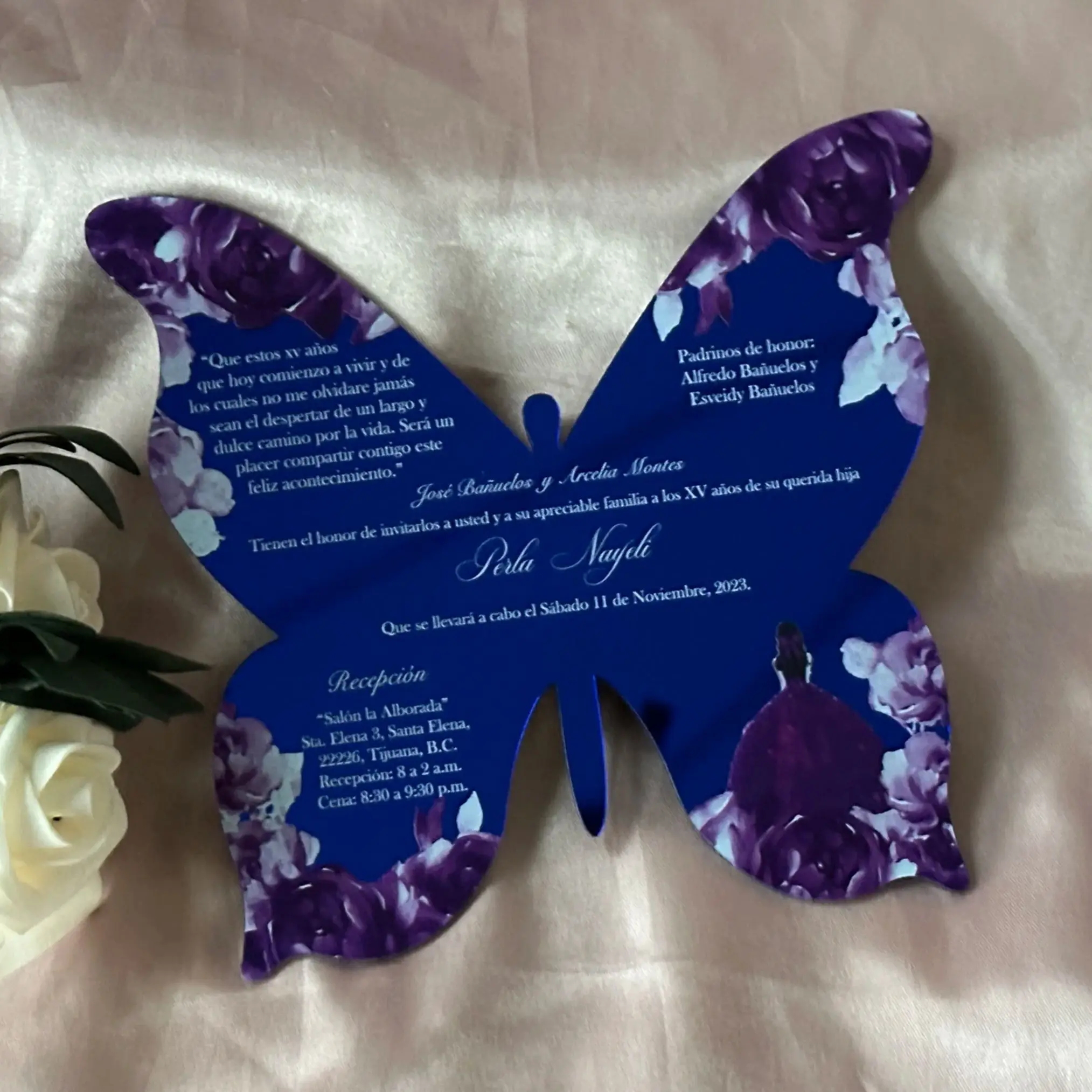 10pcs Acrylic Quinceanera Invitations,Custom Butterfly Printing, XV Birthday Craft Card,Mirror Blue,Party Gift Decoration