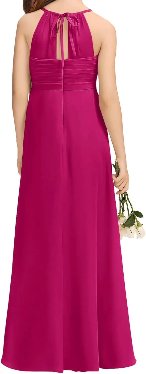 A-Linie Neckholder-Maxikleid für Mädchen, fließendes Chiffon-Blumenmädchenkleid für Junior-Brautjungfer, für Hochzeit, Party, Festzug