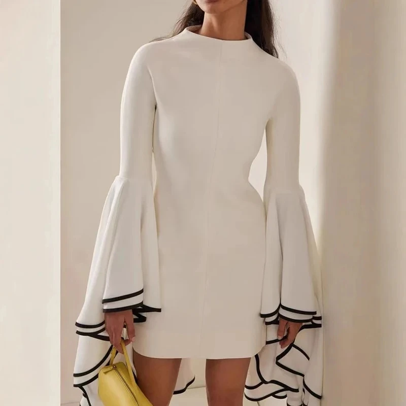 

Show Style Simple Patchwork Mini Dress Elegant High Waist Slim Evening Dress Casual Contrast Color Flare Long Sleeve Party Dress