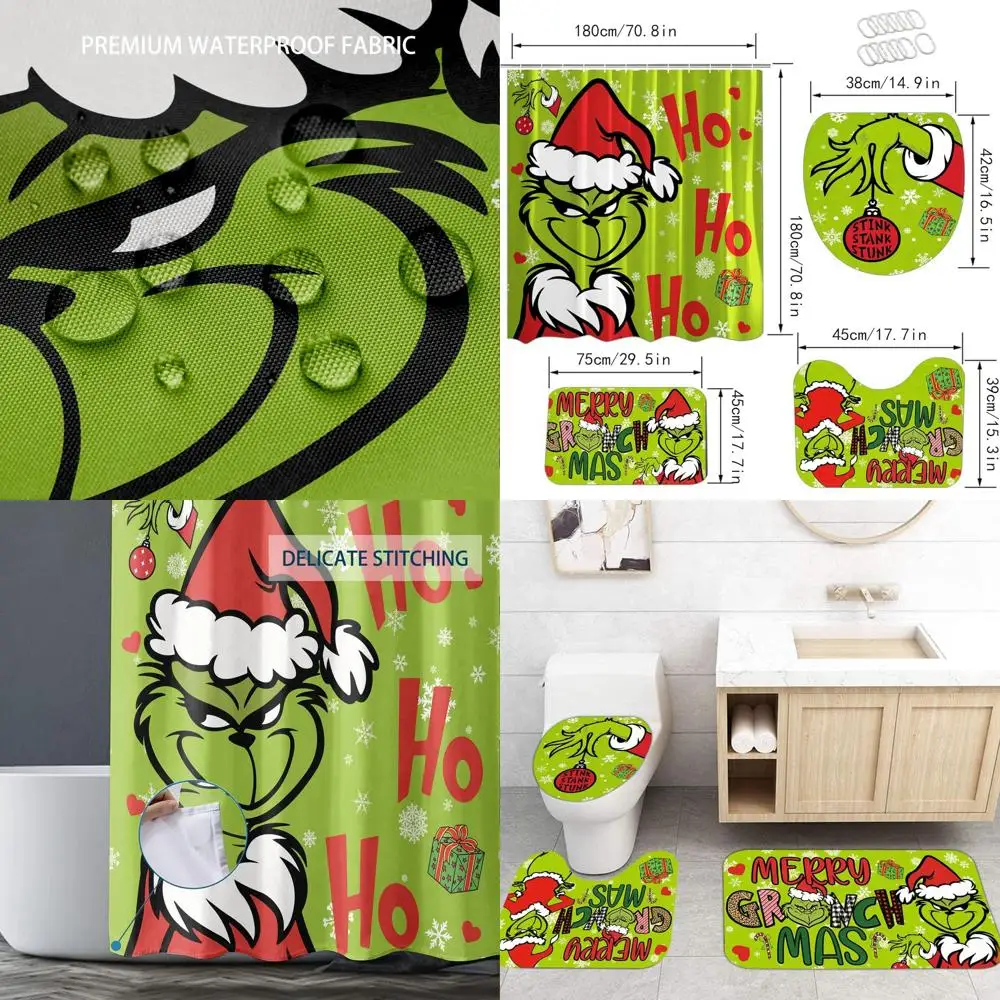 

Christmas Bathroom Set: 72 Shower Curtain, Rugs, Toilet Seat Cover & Bath Mat with Hooks (Style 3)