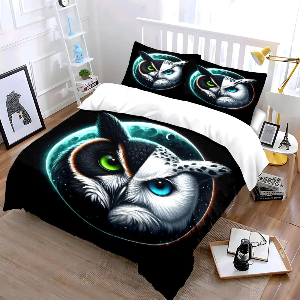 Mystical Moon Owl Bedding Set 3Pcs, Black and White Split Face Owl Print, Soft Microfiber, 1 Duvet Cover + 2 Pillowcases