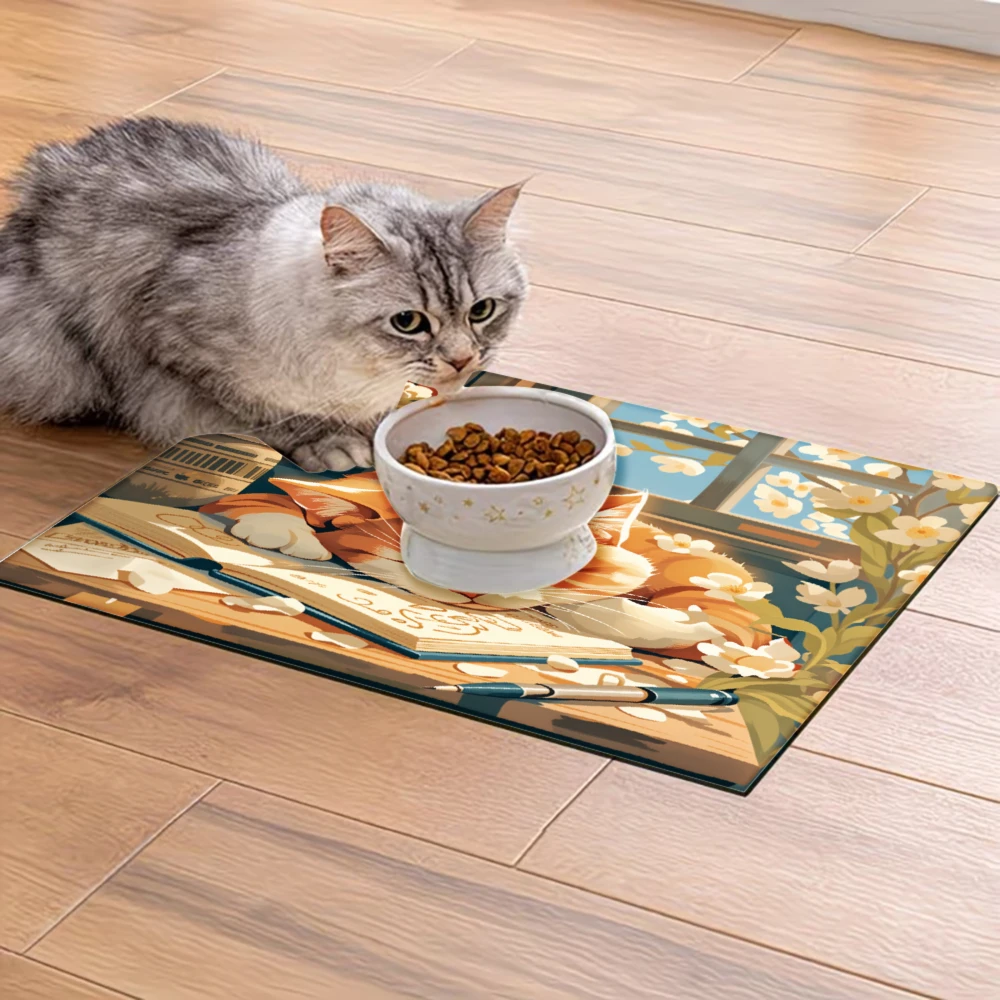 

Нескользящий коврик для кормления домашних животных Sleeping Cat Book Flowers Desk, товары для животных, защита от брызг и скольжения, коврики для кошек и собак