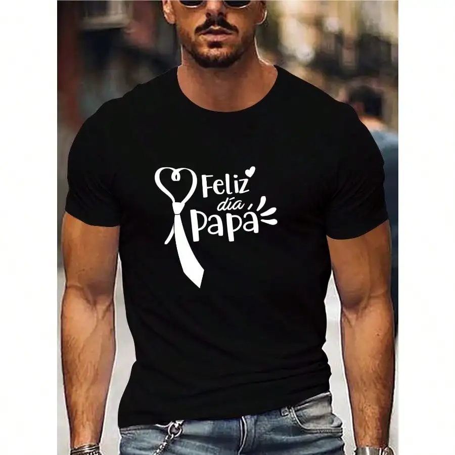 

Feliz de Papa" Men's White Athletic T-Shirt - Casual & Breathable Polyester Blend, Crew Neck, Short Sleeve Tee with Tie & Heart