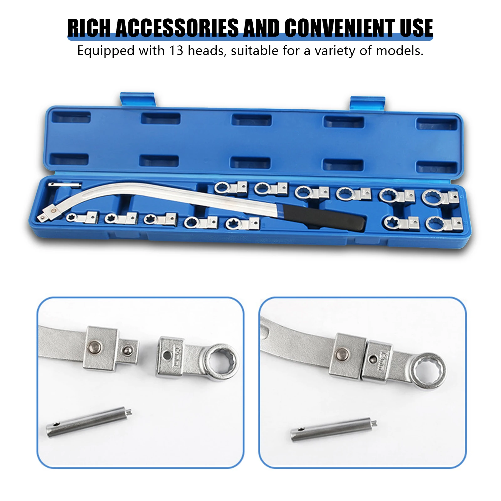 Engine belt adjustment wrench tool, including E10/12/14/16/18 drive adapter, used for belt disassembly, installation, and tensio