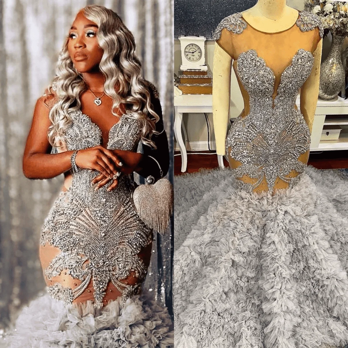 Customized  Luxurious Mermaid Wedding Dress For Bride Bridal Gowns Illusion Rhinestones Crystals Decorated Pleated Wedding Gowns