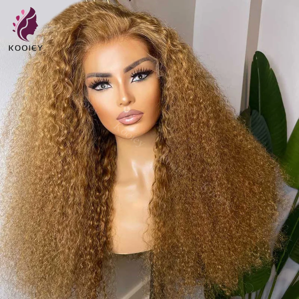 

13x4/13x6 Honey Blonde Kinky Curly Human Hair Wigs Brazilian Afro Curly Blonde #27 Transparent 5x5 Silk Top Base Closure Wigs