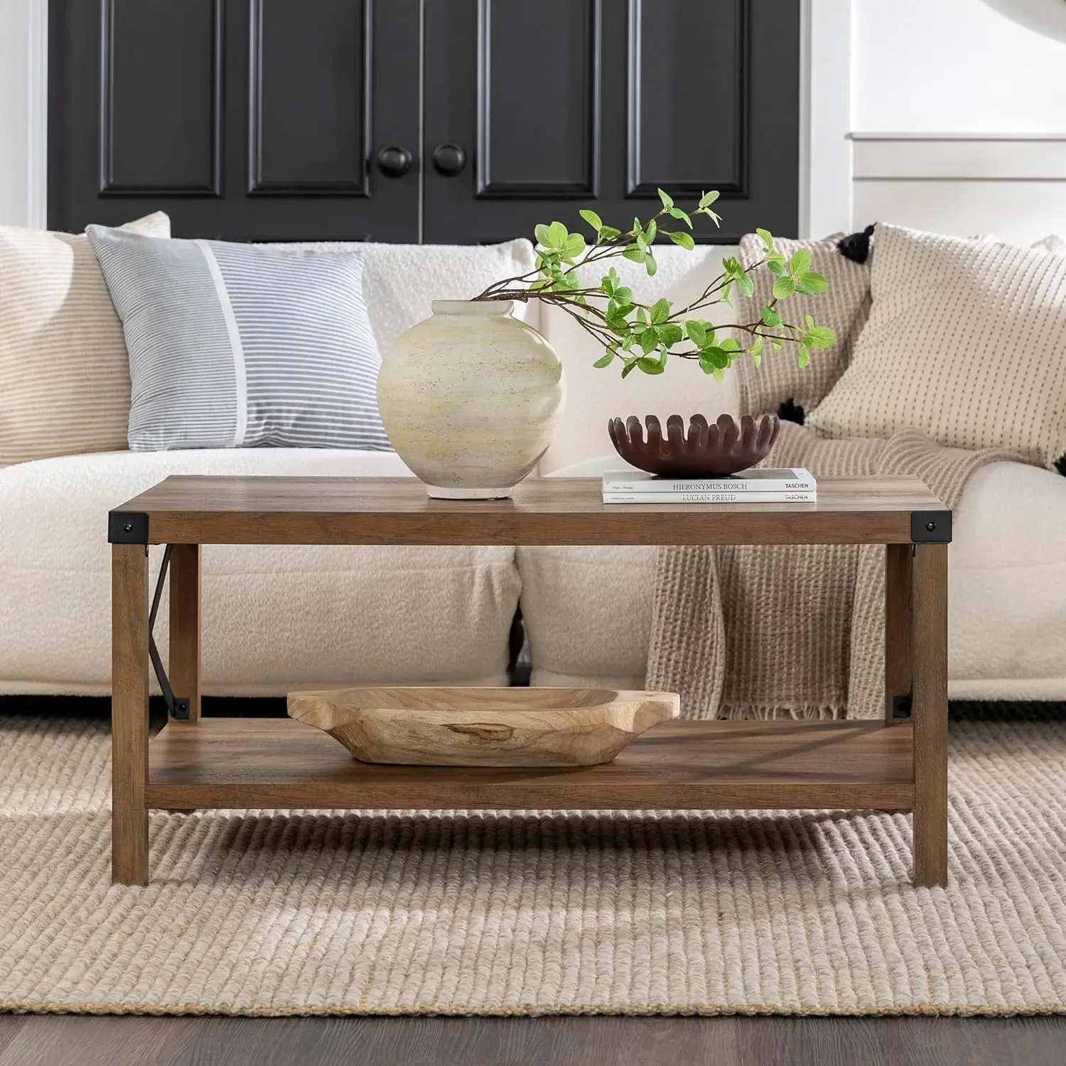 

Sedalia Modern Farmhouse Metal X Coffee Table, 40 Inch, Rustic Oak