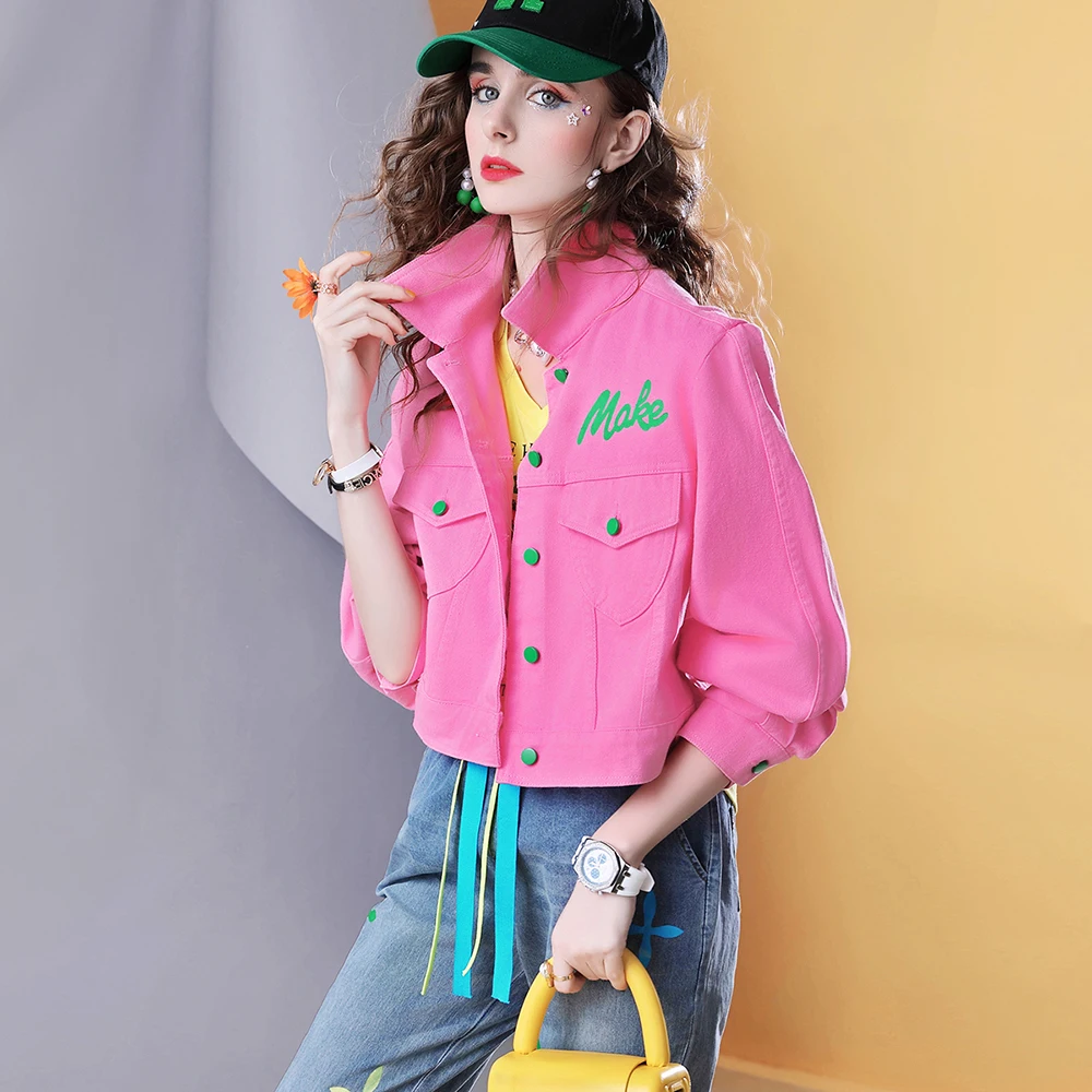 Primavera nueva letra impresa corta casual chaqueta de mezclilla de las mujeres prendas de vestir exteriores top para las mujeres