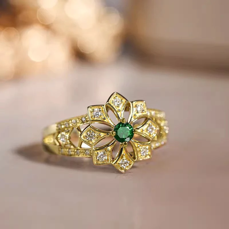 Huitan Hollow Flower Design Gold Color Rings for Women Luxury Green/White Cubic Zircon Wedding Party Temperament Female Jewelry