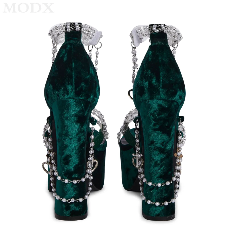 Green Suede Platform Chunky High Heels 2024 Summer Girls Pearl Chain Decor All-match Sandals Fashion Sexy Runway Nightclub Shoes